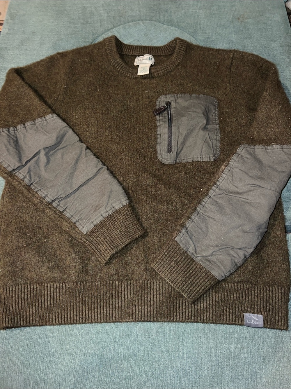 L.L. Bean Men's Olive Crewneck Sweater with Gray Patch Details
